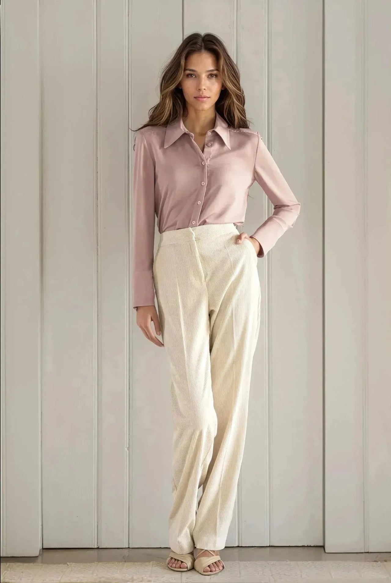 Femme portant un pantalon large en velours côtelé beige et une chemise rose