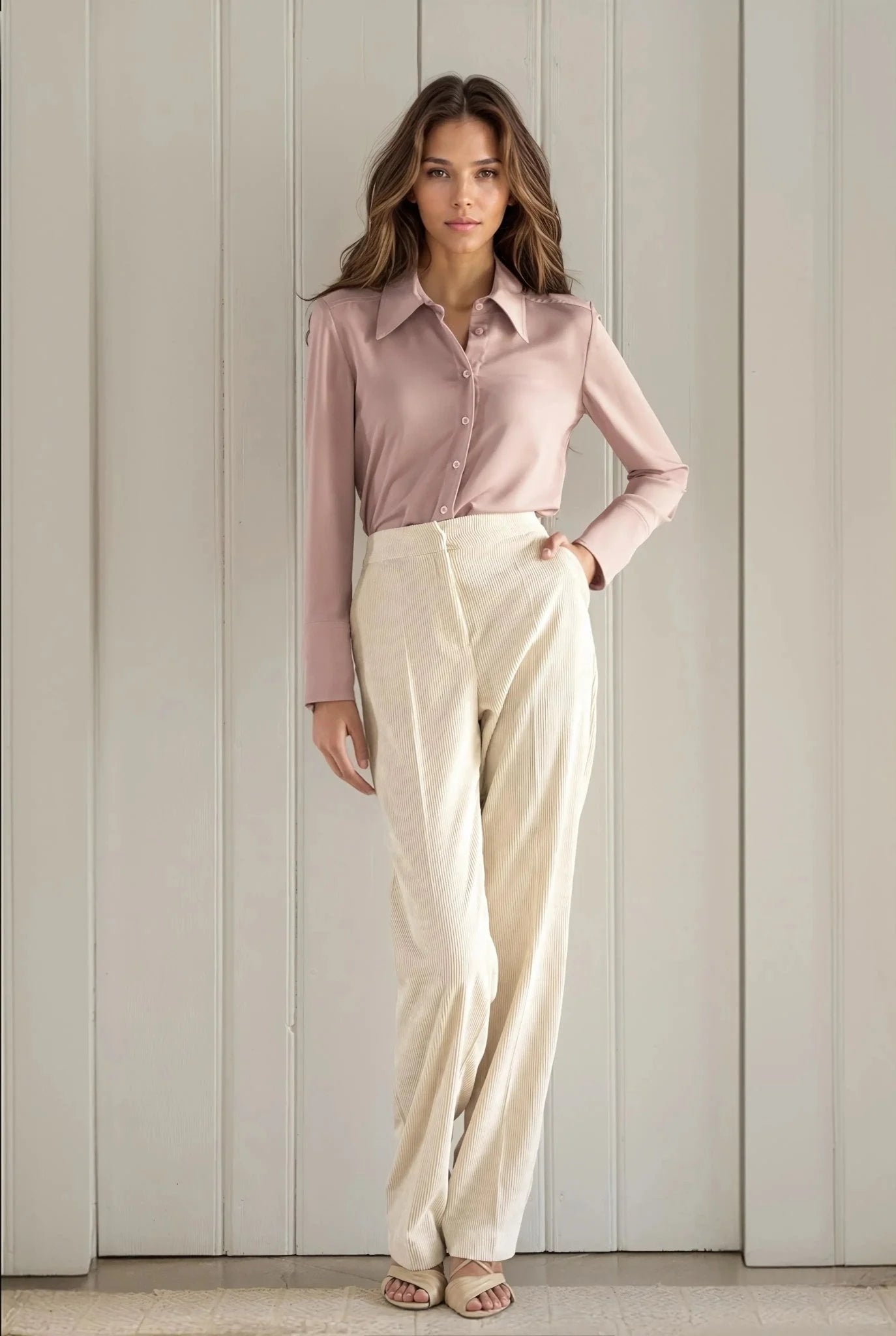 Femme portant un pantalon large en velours côtelé beige et une chemise rose