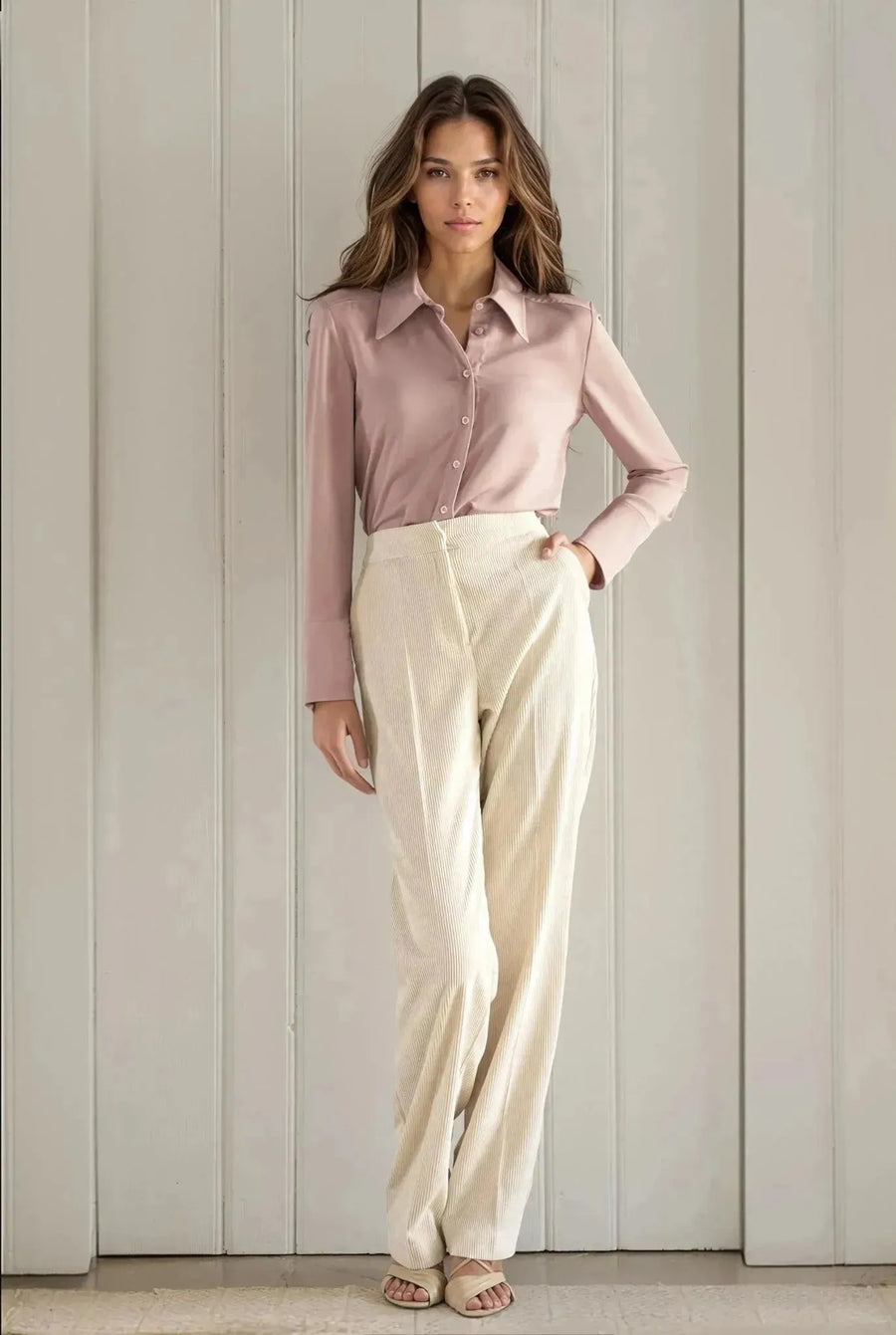 Femme portant un pantalon large en velours côtelé beige et une chemise rose