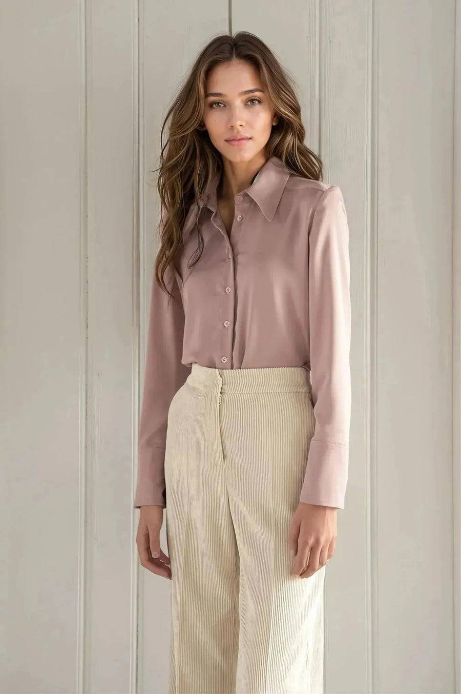 Femme portant un pantalon large en velours côtelé beige et une chemise mauve