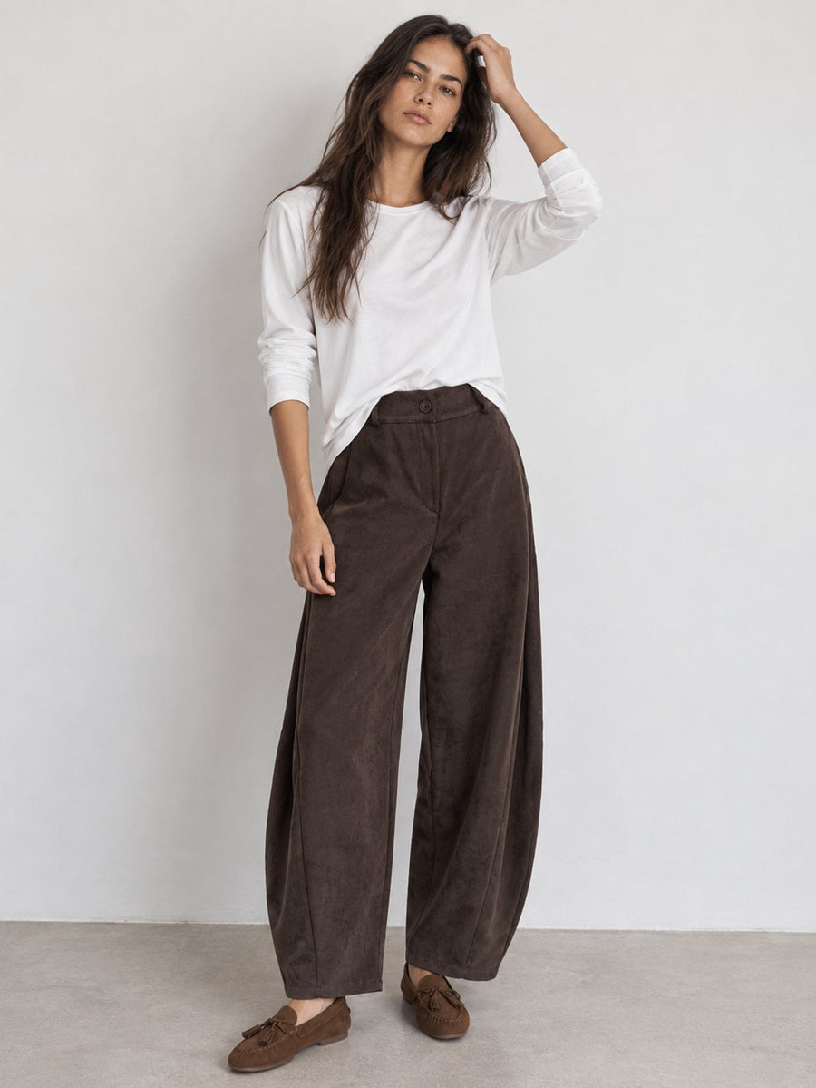 pantalon large en velours côtelé marron pleine longueur