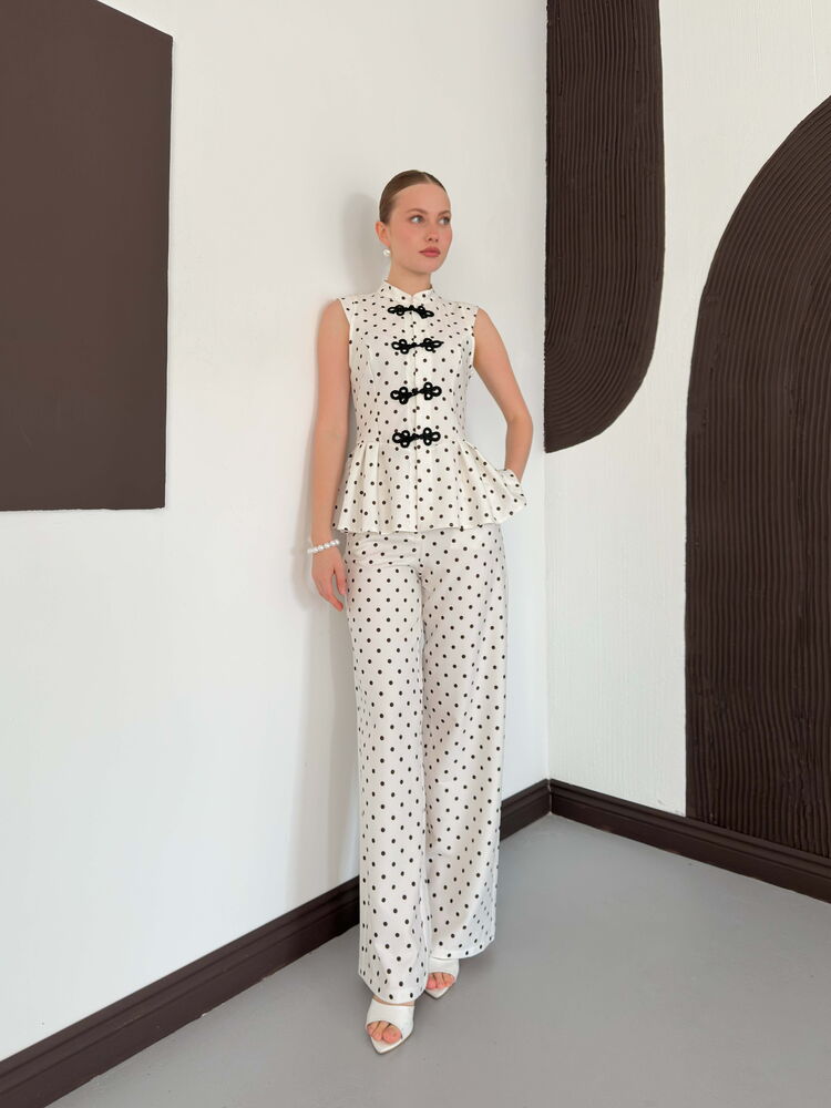 pantalon creme satine a pois image 1
