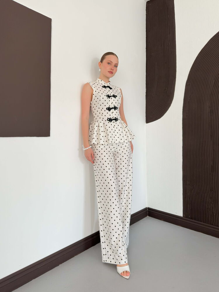 pantalon creme satine a pois image 3