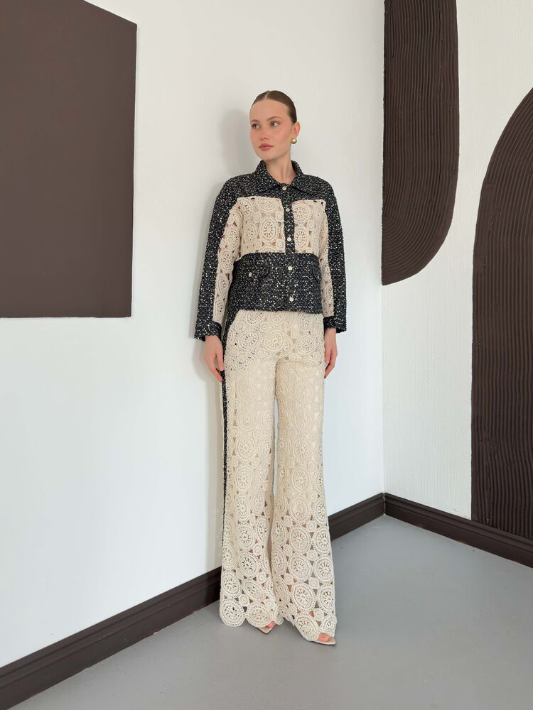 pantalon palazzo en guipure beige image 2