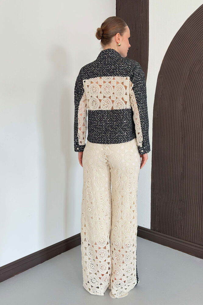 pantalon palazzo en guipure beige image 3