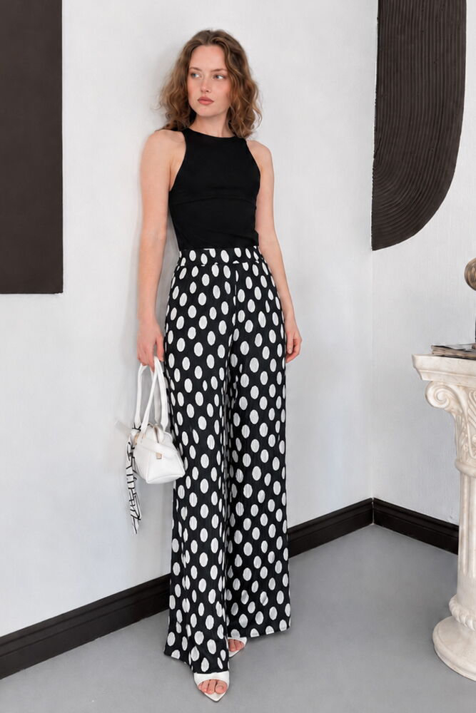 top13831 pantalon palazzo noir elegant a taille haute et motif a pois image 1