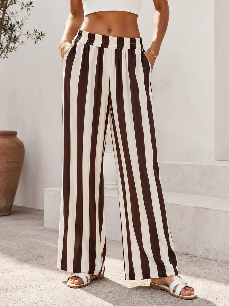 Pantalon palazzo rayé chocolat écru