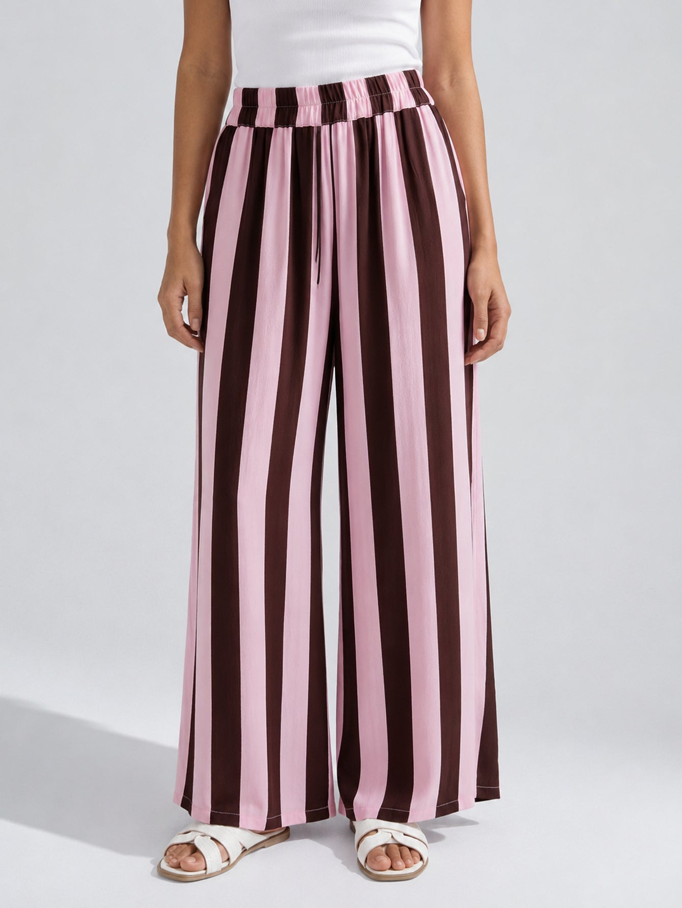 Pantalon palazzo rayé rose poudré face