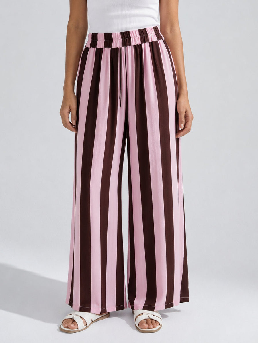 Pantalon palazzo rayé rose poudré face