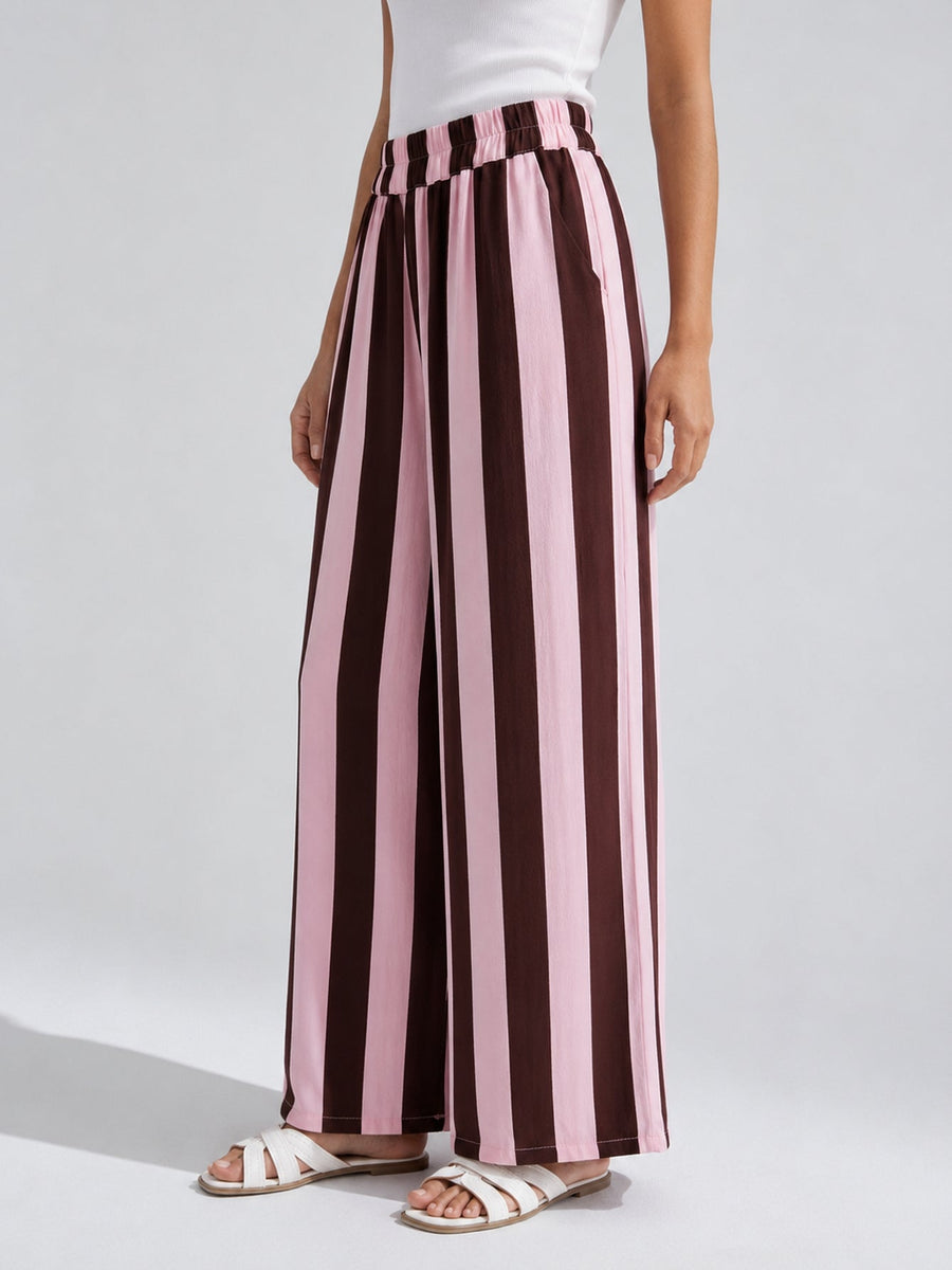 Pantalon palazzo rayé rose poudré profil