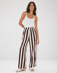 Pantalon palazzo rayé chocolat écru porté face