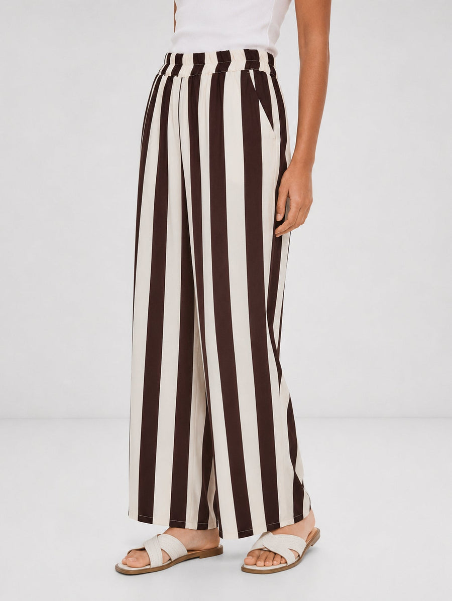 Pantalon palazzo rayé chocolat écru vue côté