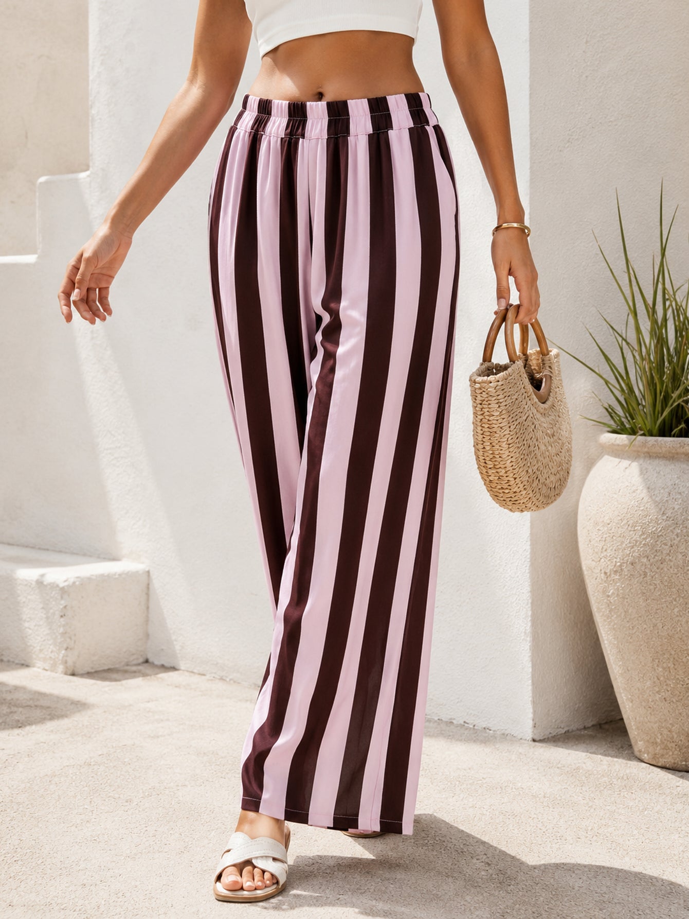 Pantalon palazzo rayé chocolat rose poudré