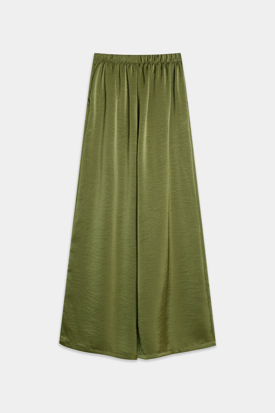 Pantalon palazzo satiné vert olive, taille haute froncée au dos, vue produit