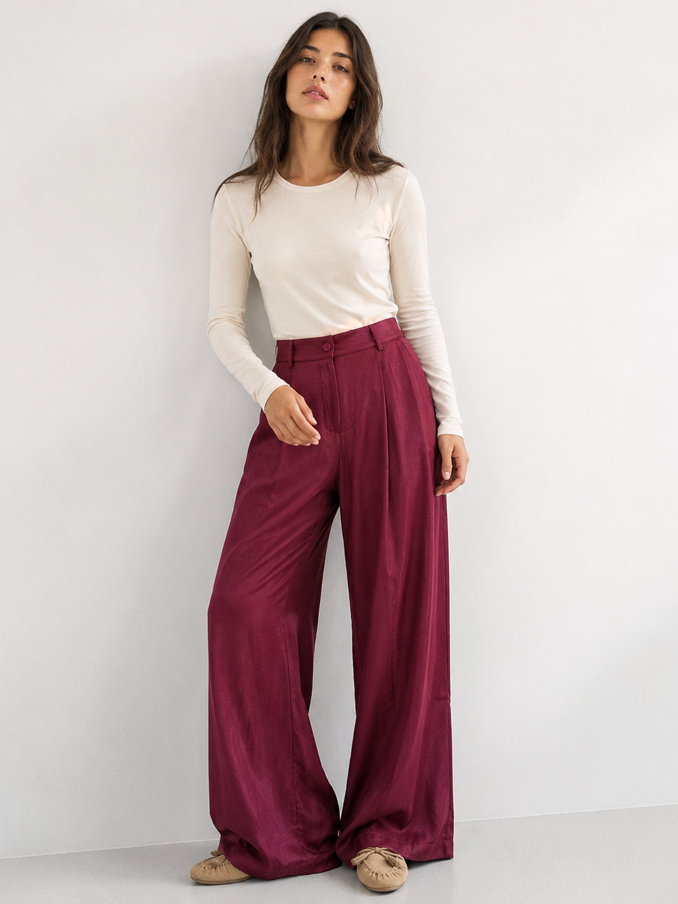 pantalon palazzo bordeaux taille haute