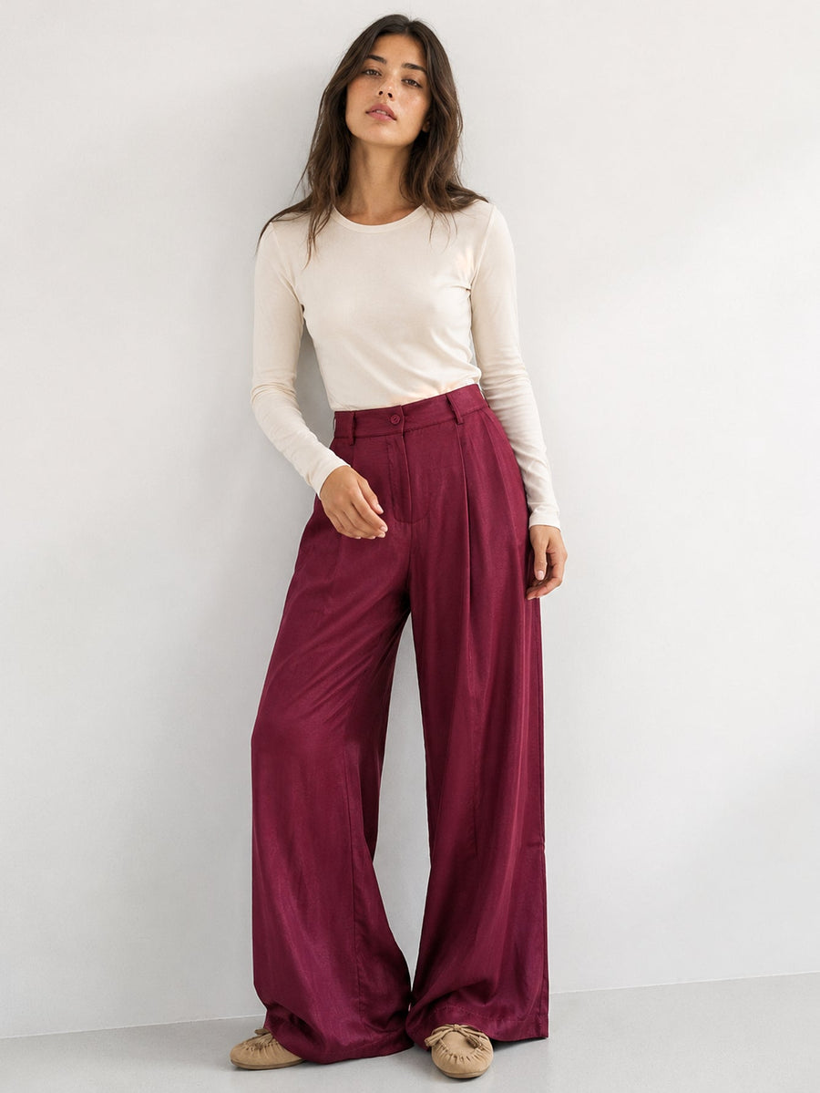 pantalon palazzo bordeaux taille haute