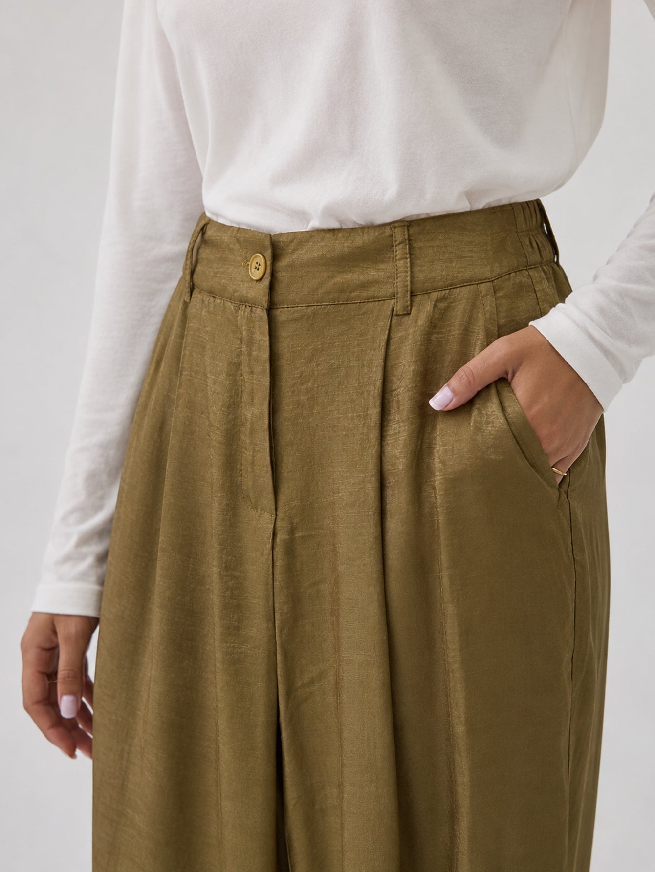 pantalon palazzo vert olive poche latérale