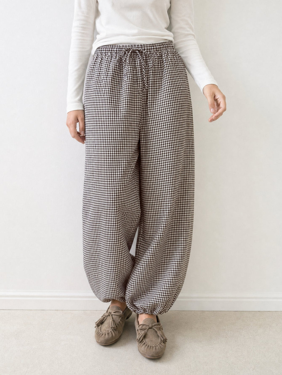 Pantalon vichy chocolat ample chevilles élastiquées