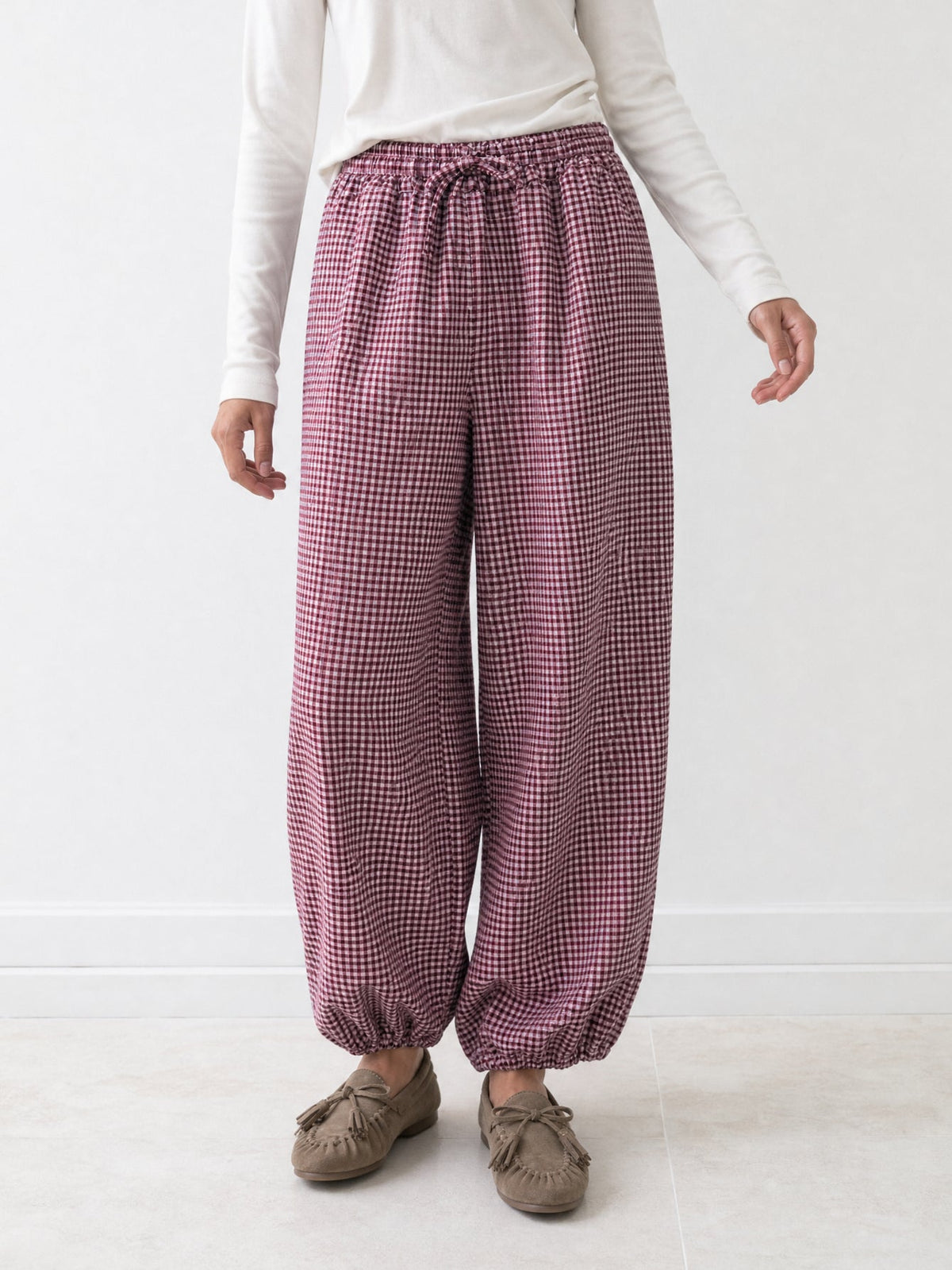 Pantalon vichy bordeaux chevilles élastiquées