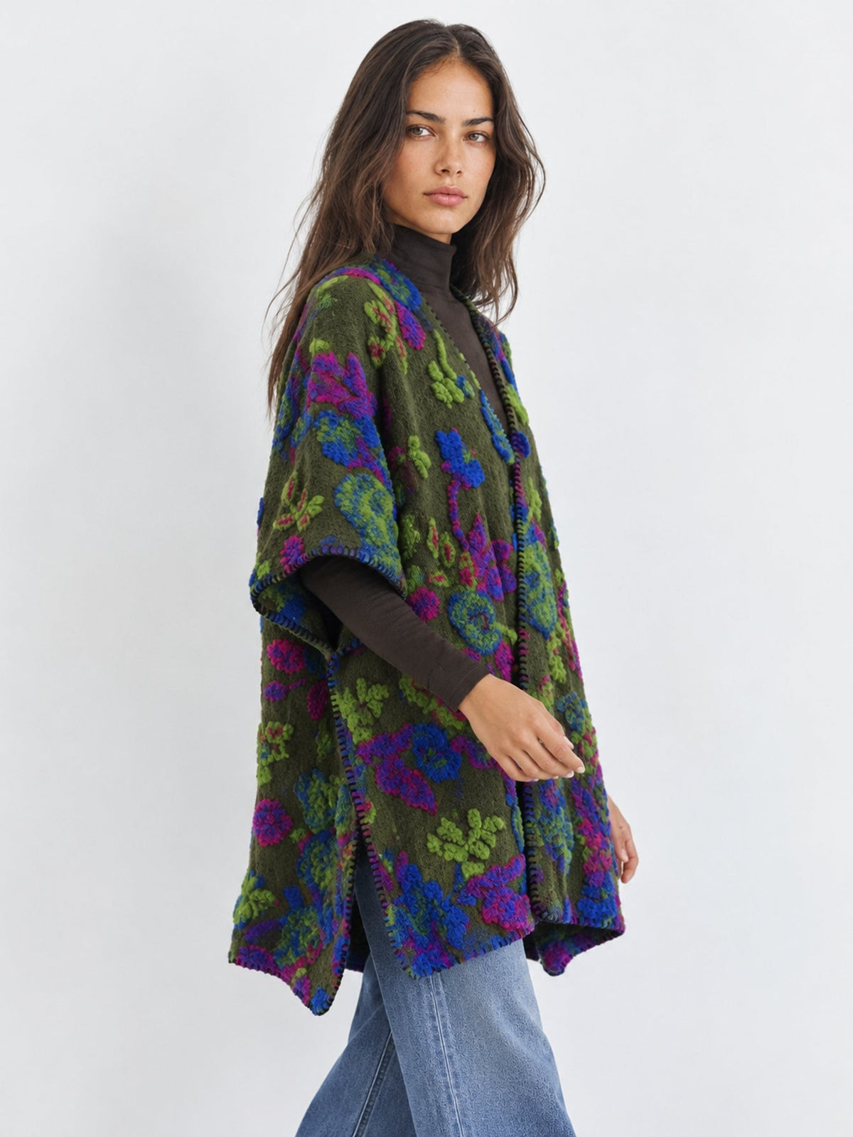 Poncho floral vert vue de profil