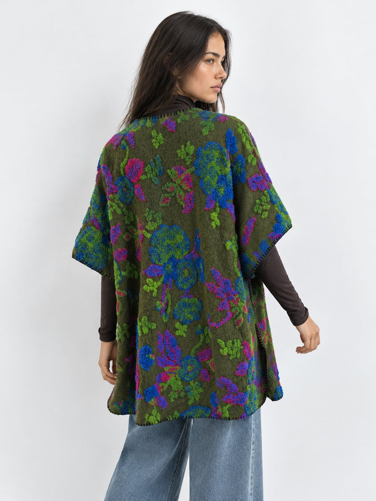 Poncho floral vert dos