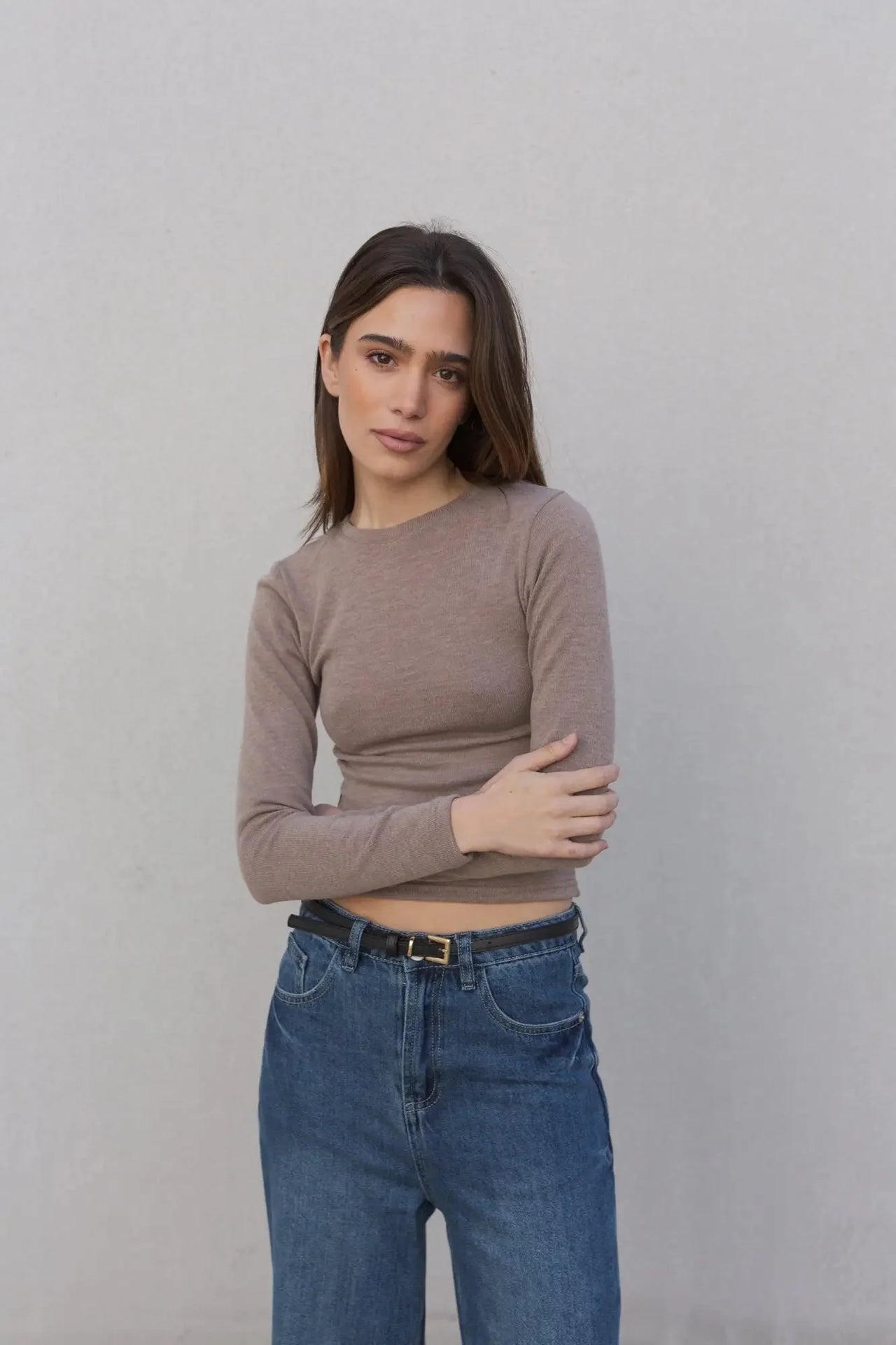 Pull ajusté femme col rond manches longues en polyester et viscose - Noir et Beige, modèle féminin adoptant une posture avec un pull beige ajusté.