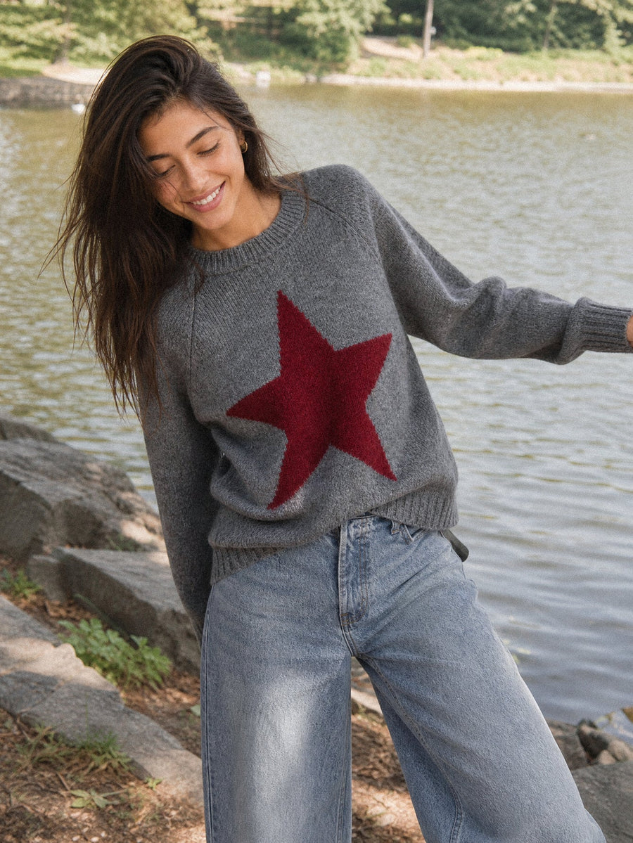 pull étoile col rond gris extérieur