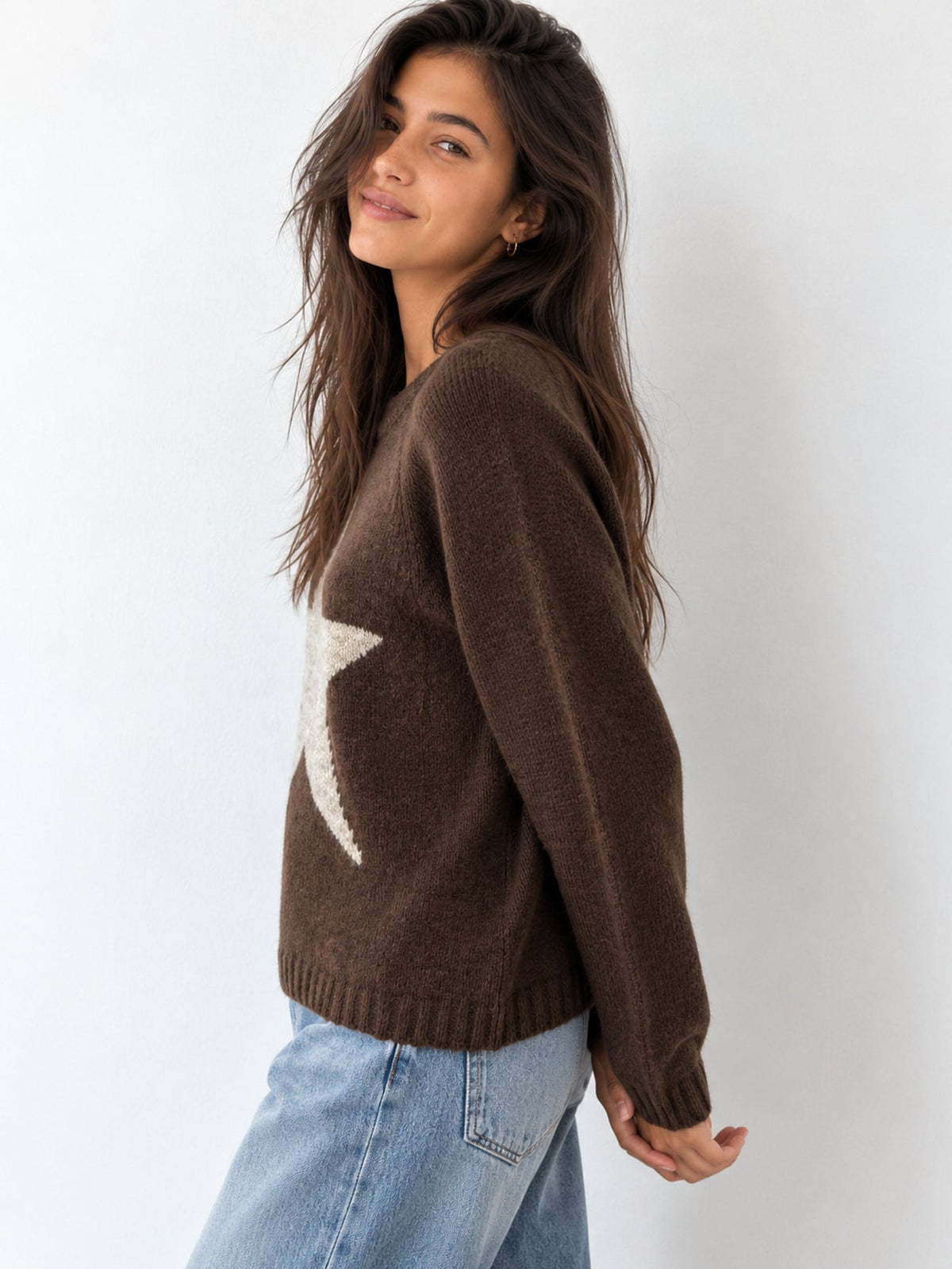 pull étoile col rond marron profil