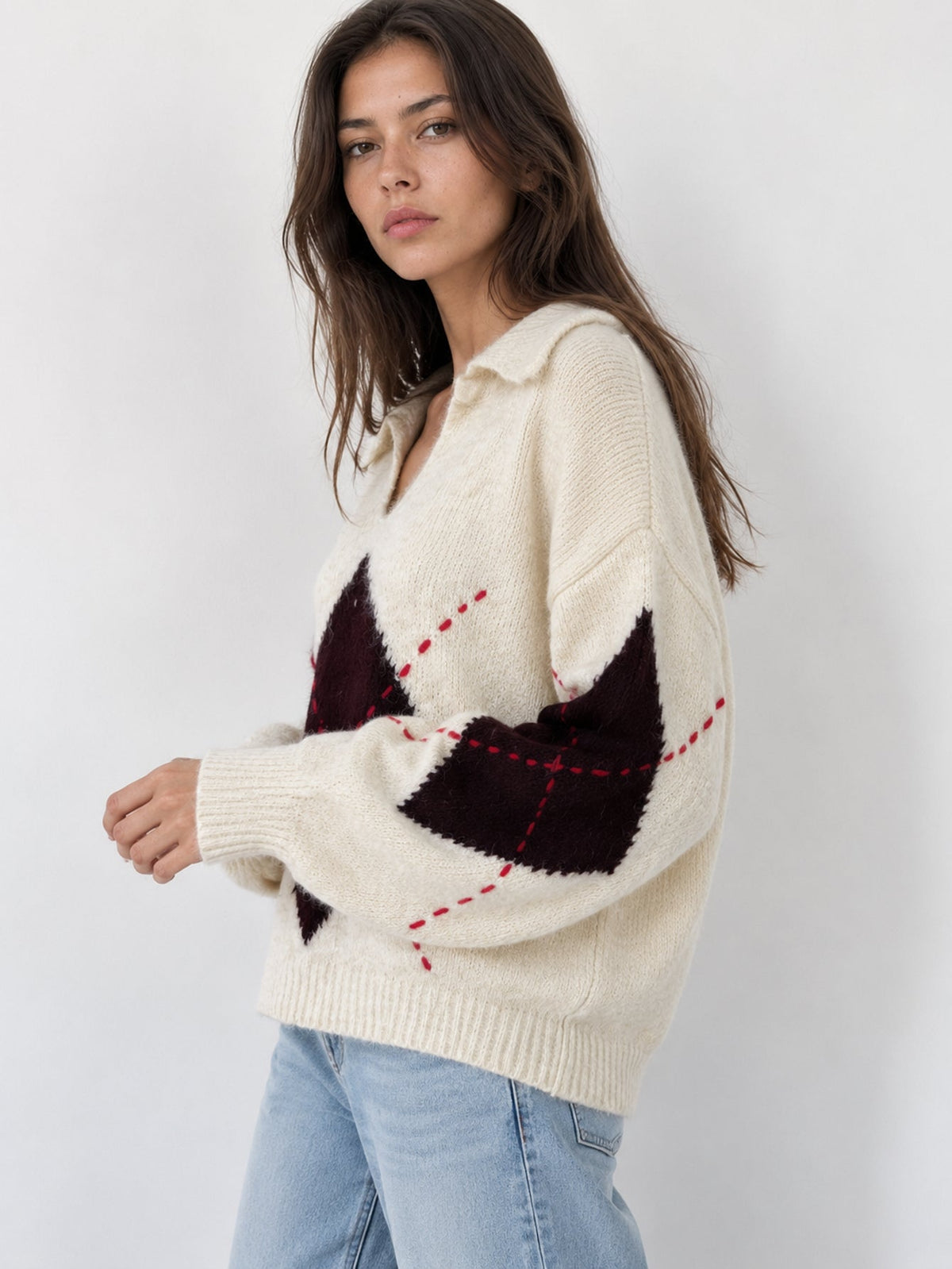 pull argyle beige profil