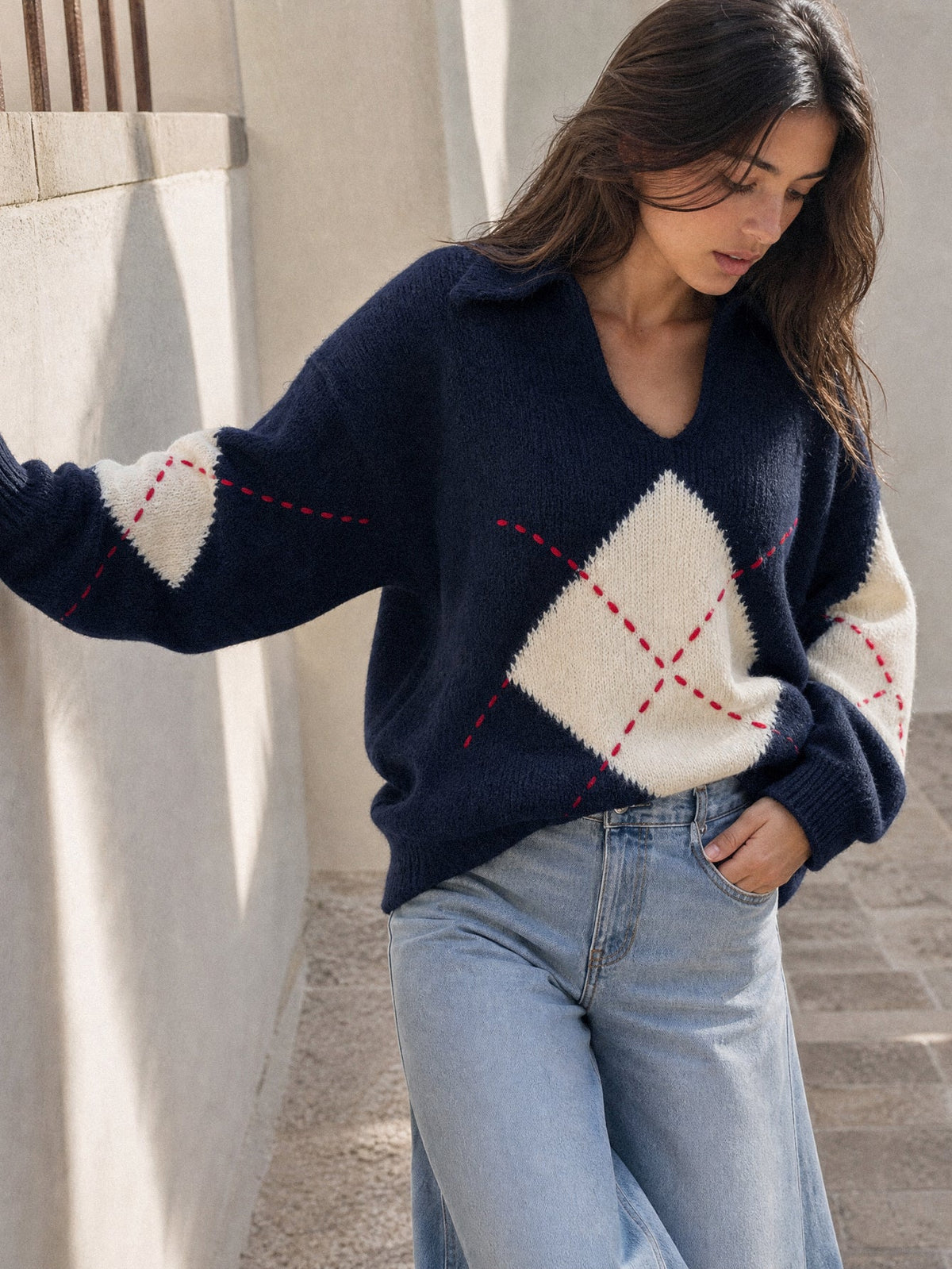 pull col polo à losanges bleu marine