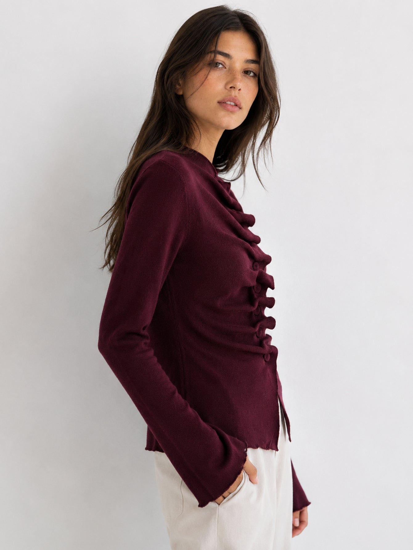 Pull bordeaux col rond froncé