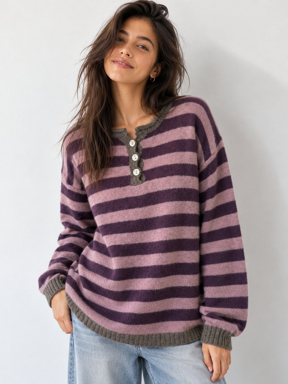 Pull henley rayé mauve oversize