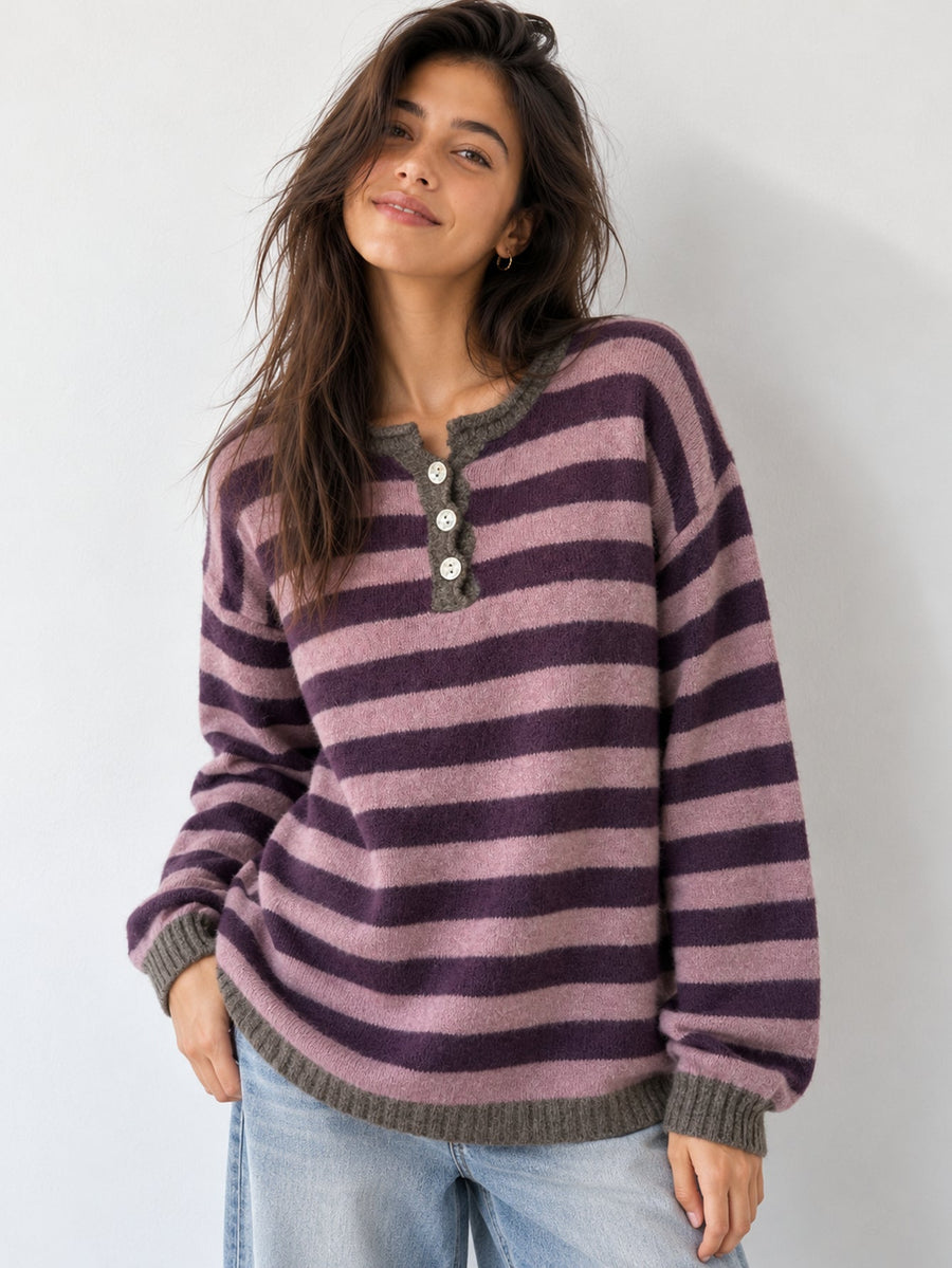 Pull henley rayé mauve oversize