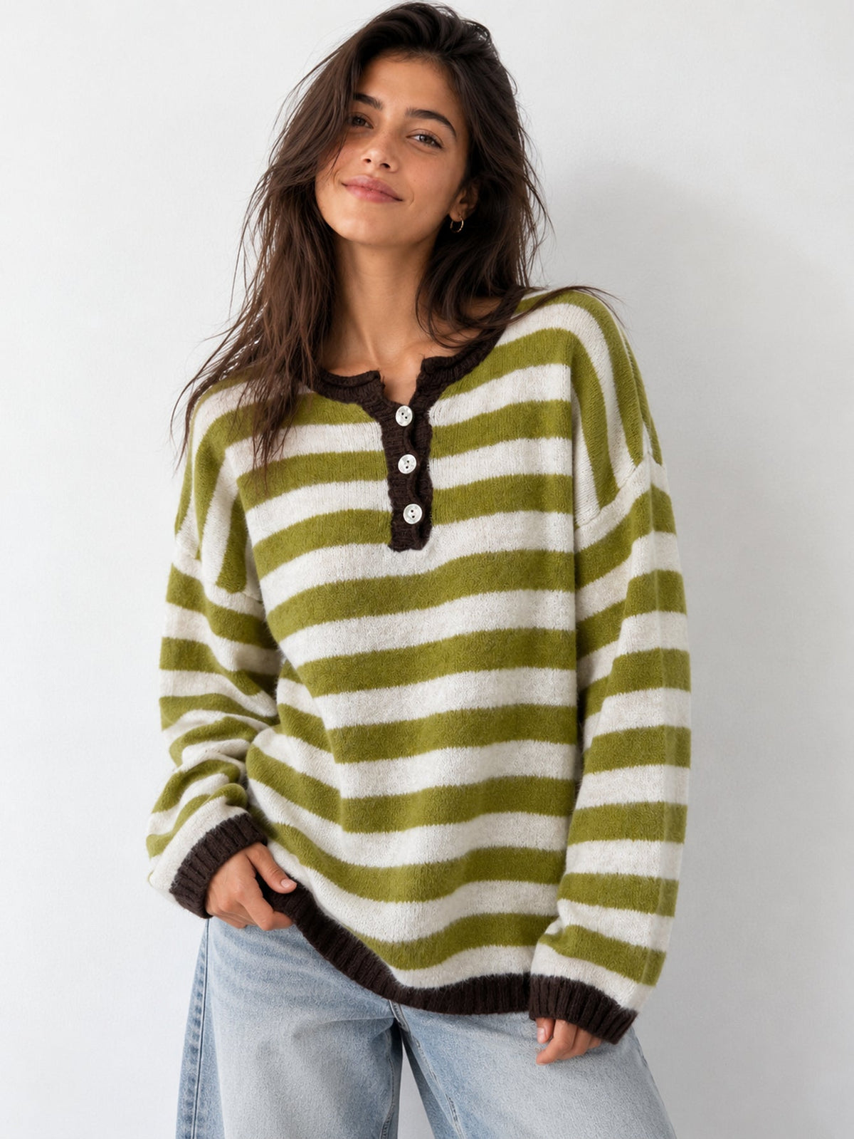 Pull henley rayé olive oversize