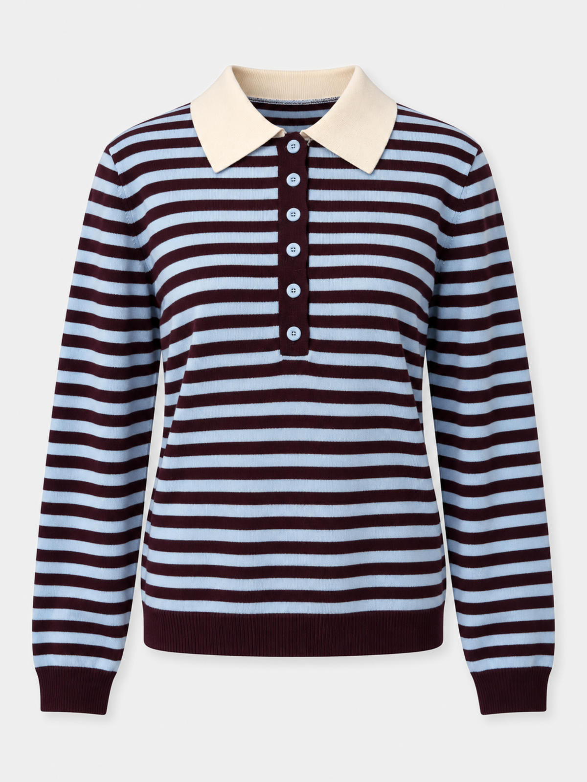 Pull polo rayé bordeaux et bleu ciel col écru