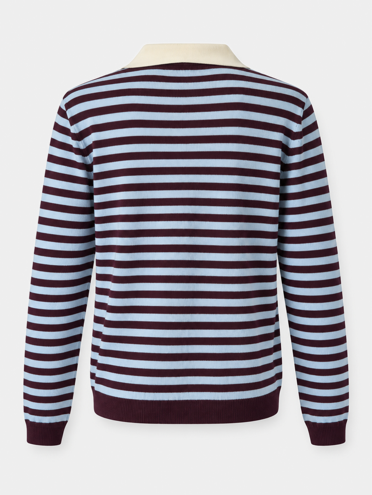 Dos du pull polo rayé bordeaux et bleu ciel