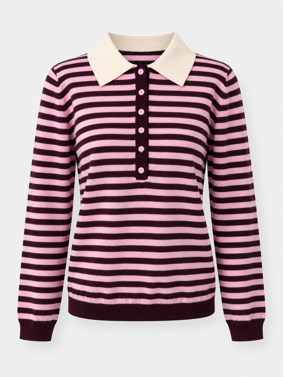 Pull polo rayé bordeaux et rose col écru