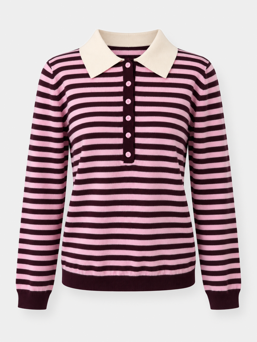 Pull polo rayé bordeaux et rose col écru