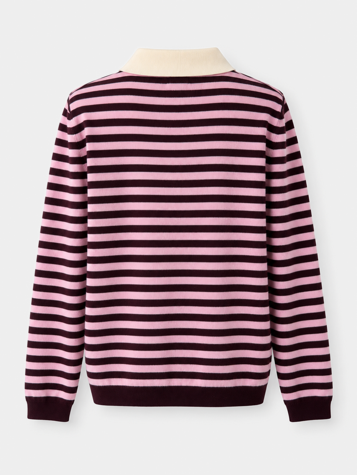 Dos du pull polo rayé bordeaux et rose