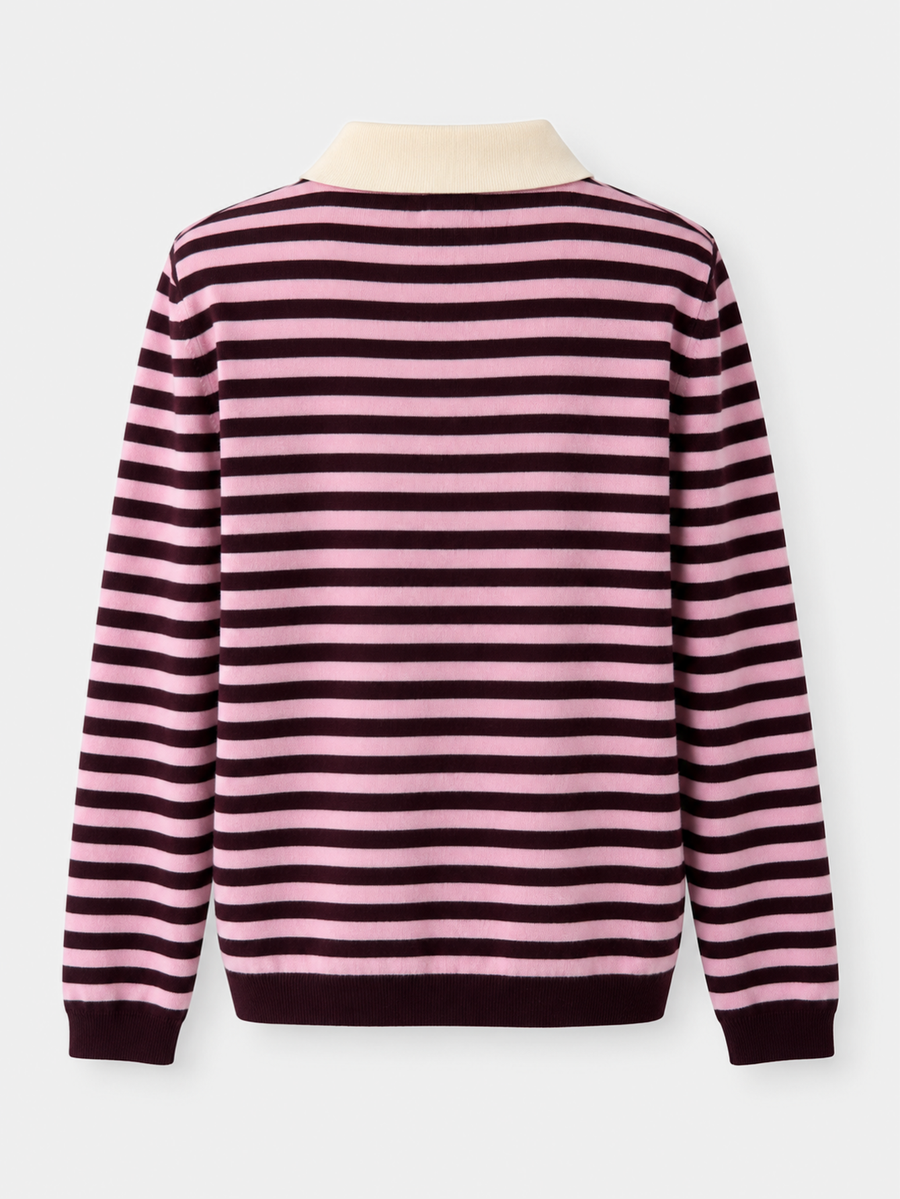 Dos du pull polo rayé bordeaux et rose