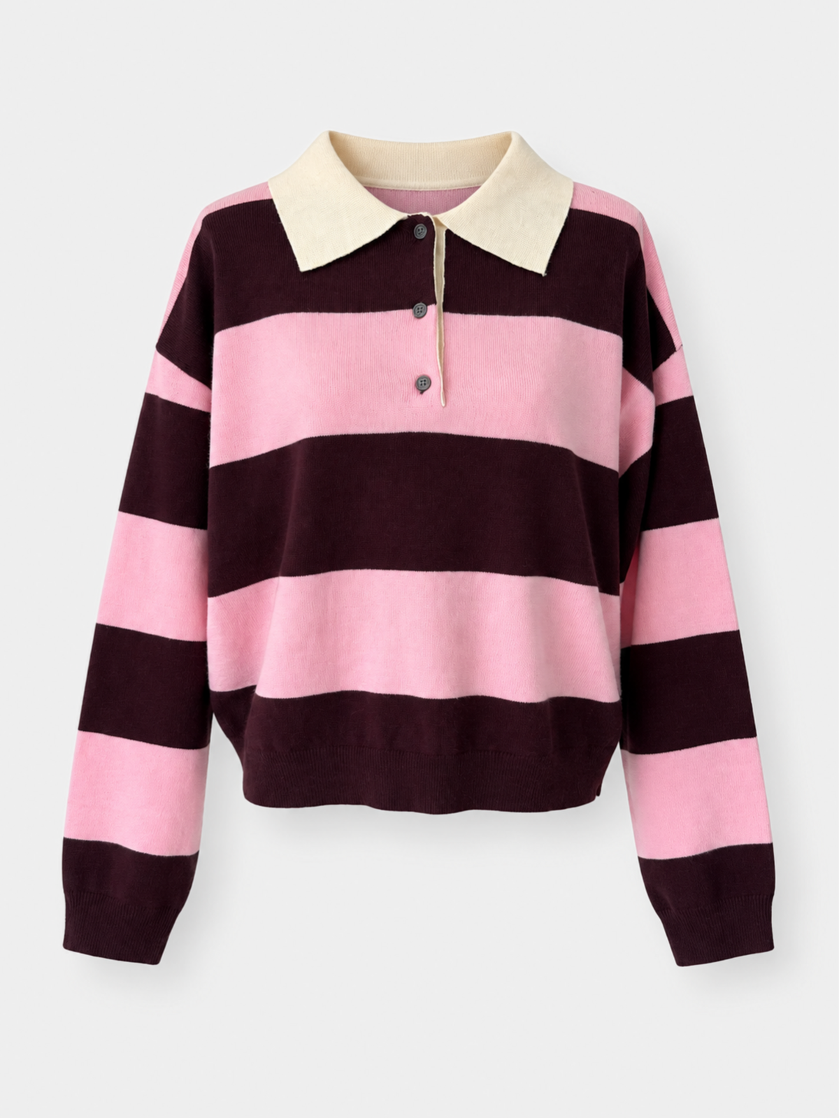 Pull col polo rayé rose et bordeaux