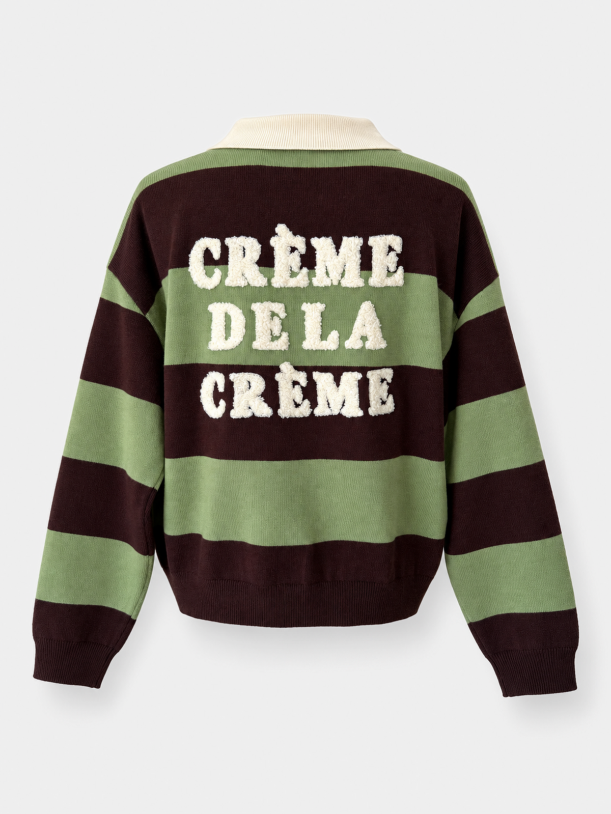 Dos du pull vert bordeaux à message bouclette « CRÈME DE LA CRÈME »