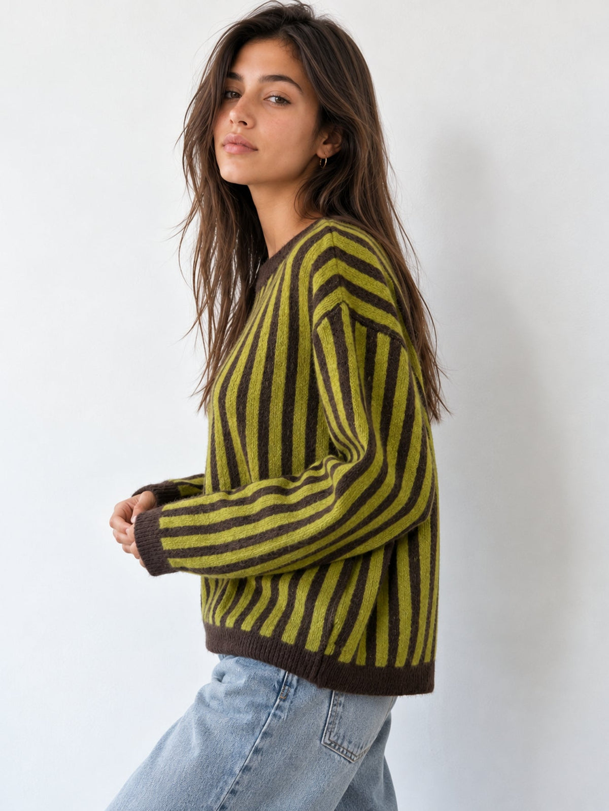 pull rayé vert olive col rond