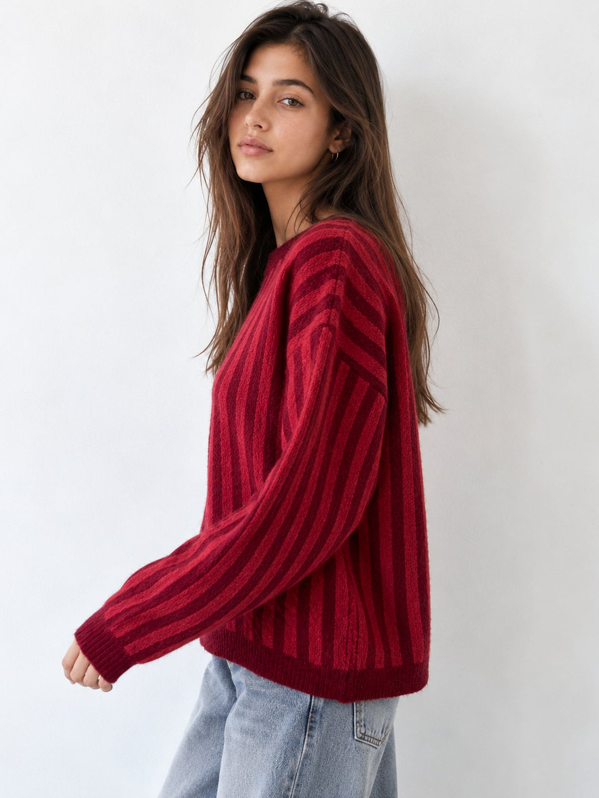 pull rayé bordeaux profil
