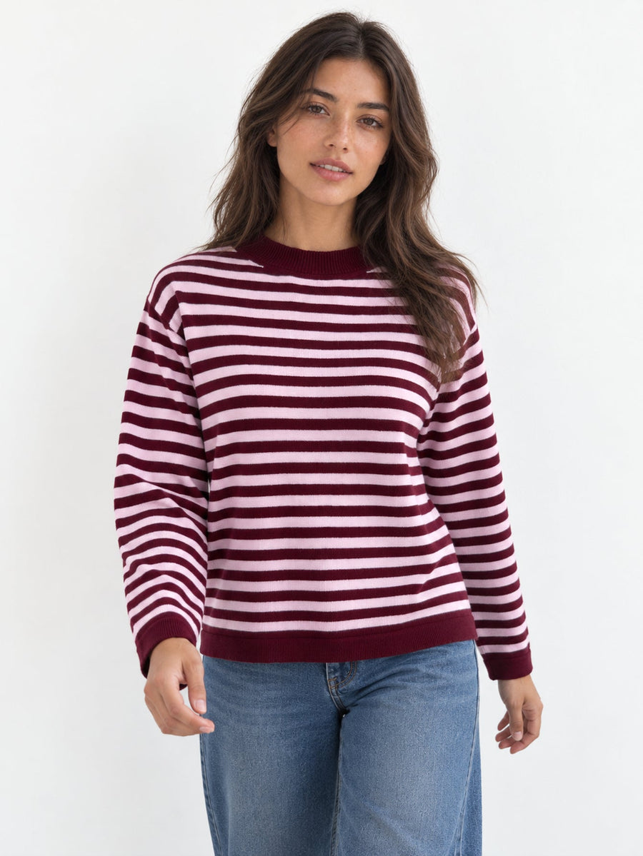 pull rayé bordeaux rose col rond