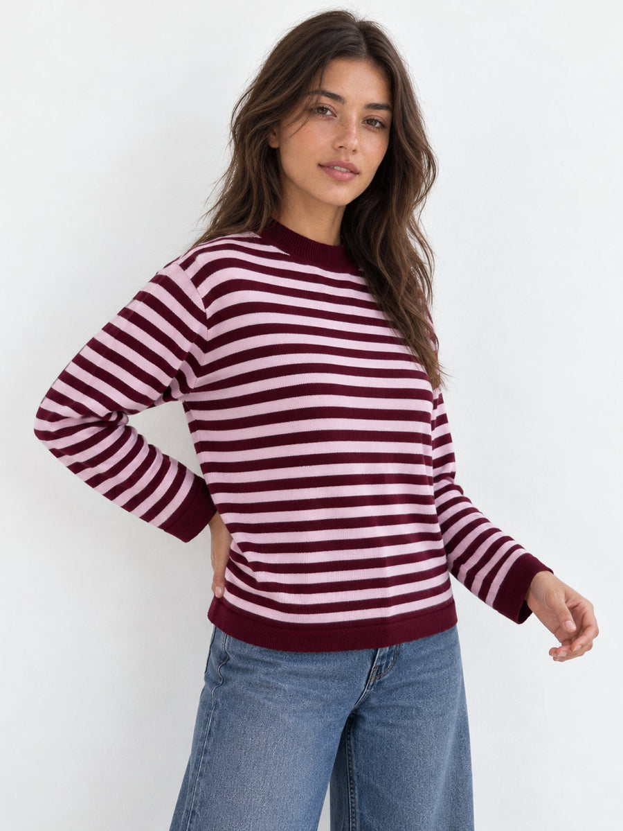 pull rayé bordeaux rose profil