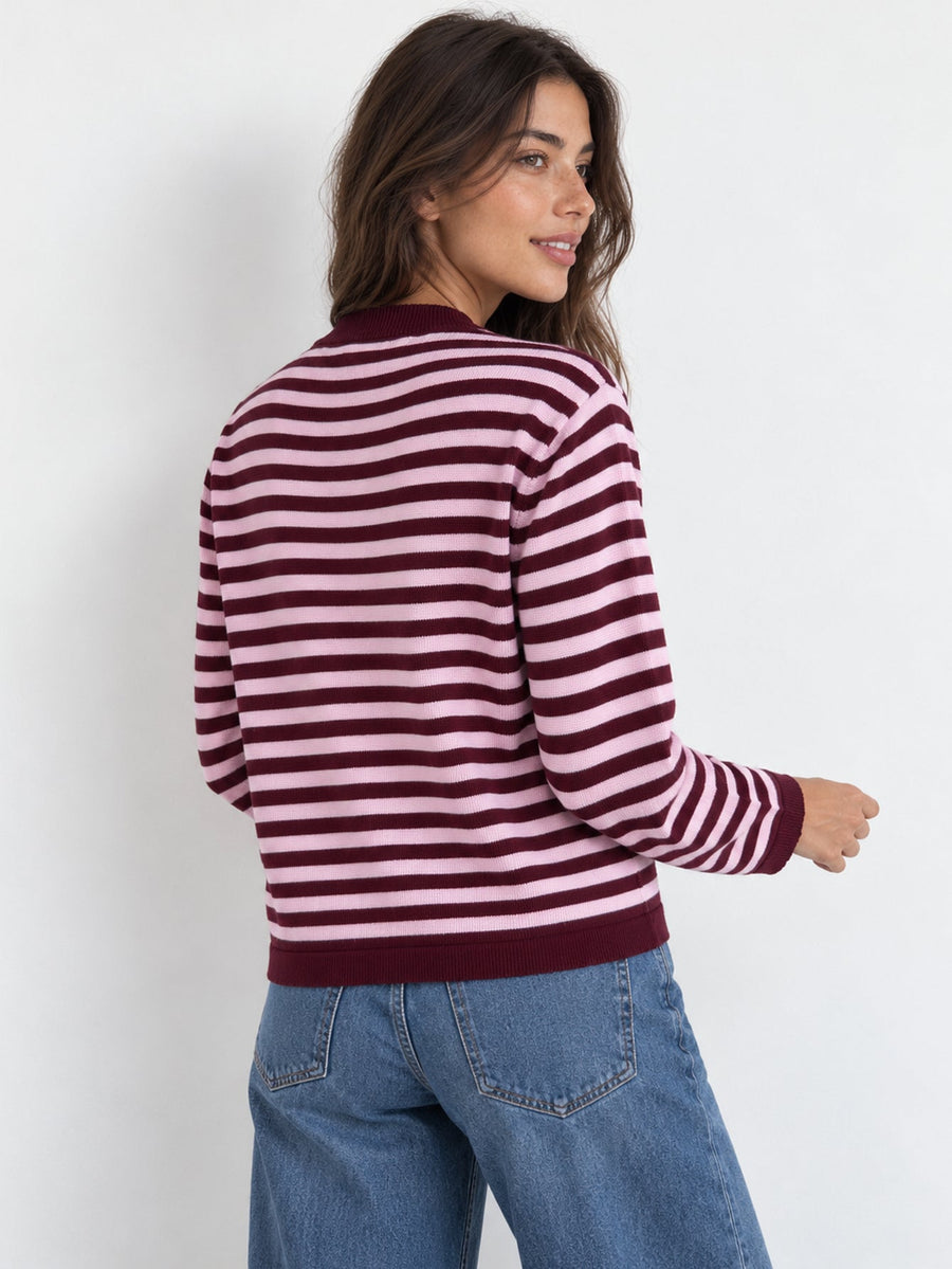 pull rayé bordeaux rose dos