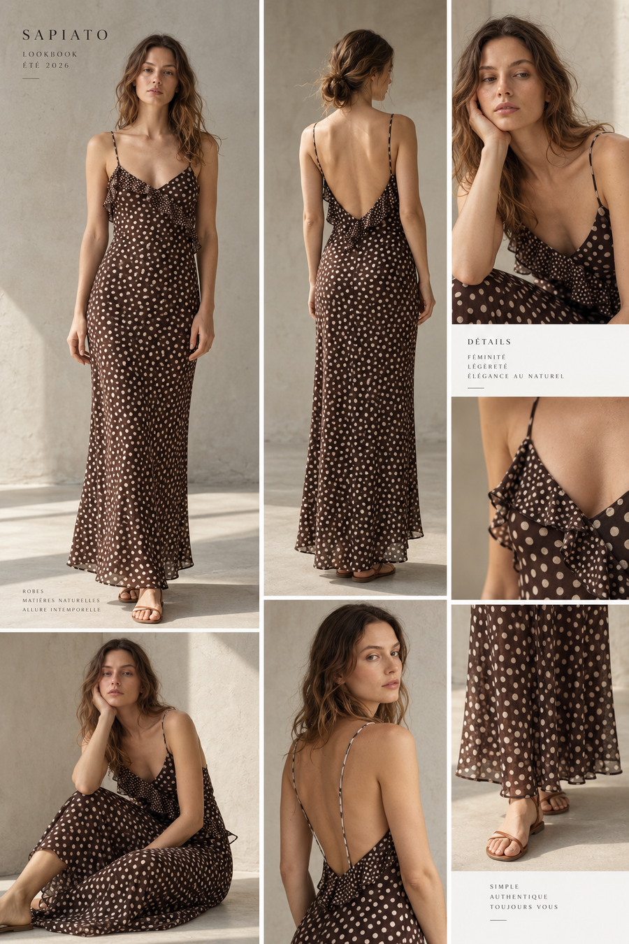 Robe longue marron dos nu à pois blancs