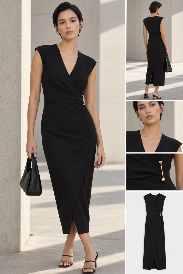Robe midi noire chic détail doré