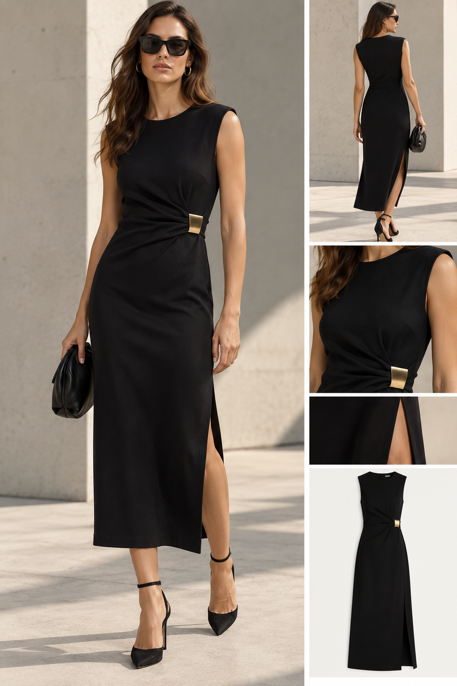 Robe midi noire élégante à applique dorée